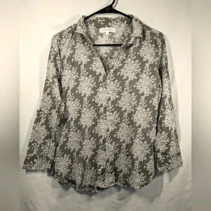 Eden & Olivia Anthropology long sleeve blouse, semi sheer, size S ,  gray/white